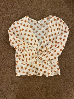 MNG Mango Polka Dot Wrap Top Puff Sleeve Sz M/6
